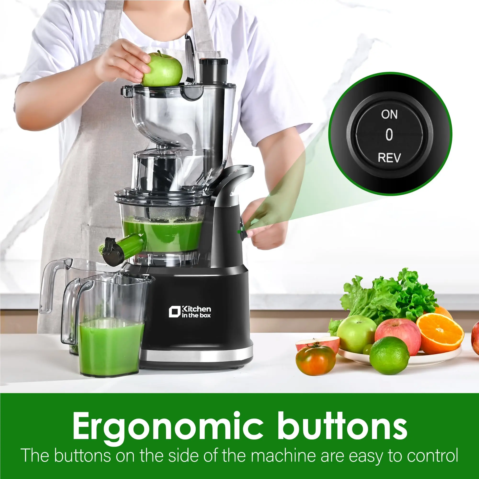 KITCHEN IN THE BOX Extractor de jugos de prensado en frío, extractor lento de masticación con doble tubo de alimentación, pulpa seca, alto rendimiento de jugo, libre de BPA.