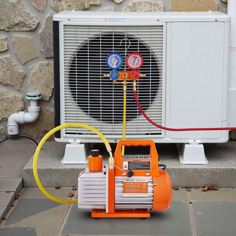 Kit de bomba de vacío rotativa de paletas de una etapa (4 CFM, 1/3 HP) para HVAC y manómetro múltiple — Summervibes