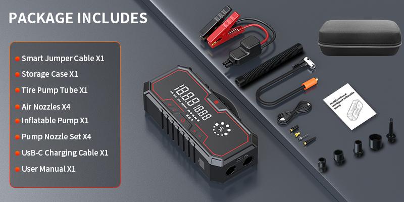 【Father's Day Gift】Kapeezi 12V Portable Emergency Car Battery Starter, 18000mAh Power Bank, 160PSI Tire Inflator, LED Light, Car Tool Kit, Automotive Essential Accessory Car Essentials