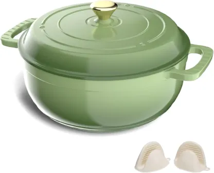 Olla holandesa redonda de hierro fundido esmaltado ROVSUN (capacidades de 5, 6 o 7,5 cuartos de galón) con tapa, asas dobles y guantes de silicona; apta para horno hasta 500 °F; utensilio de cocina resistente y precurado ideal para hornear pan, estofar