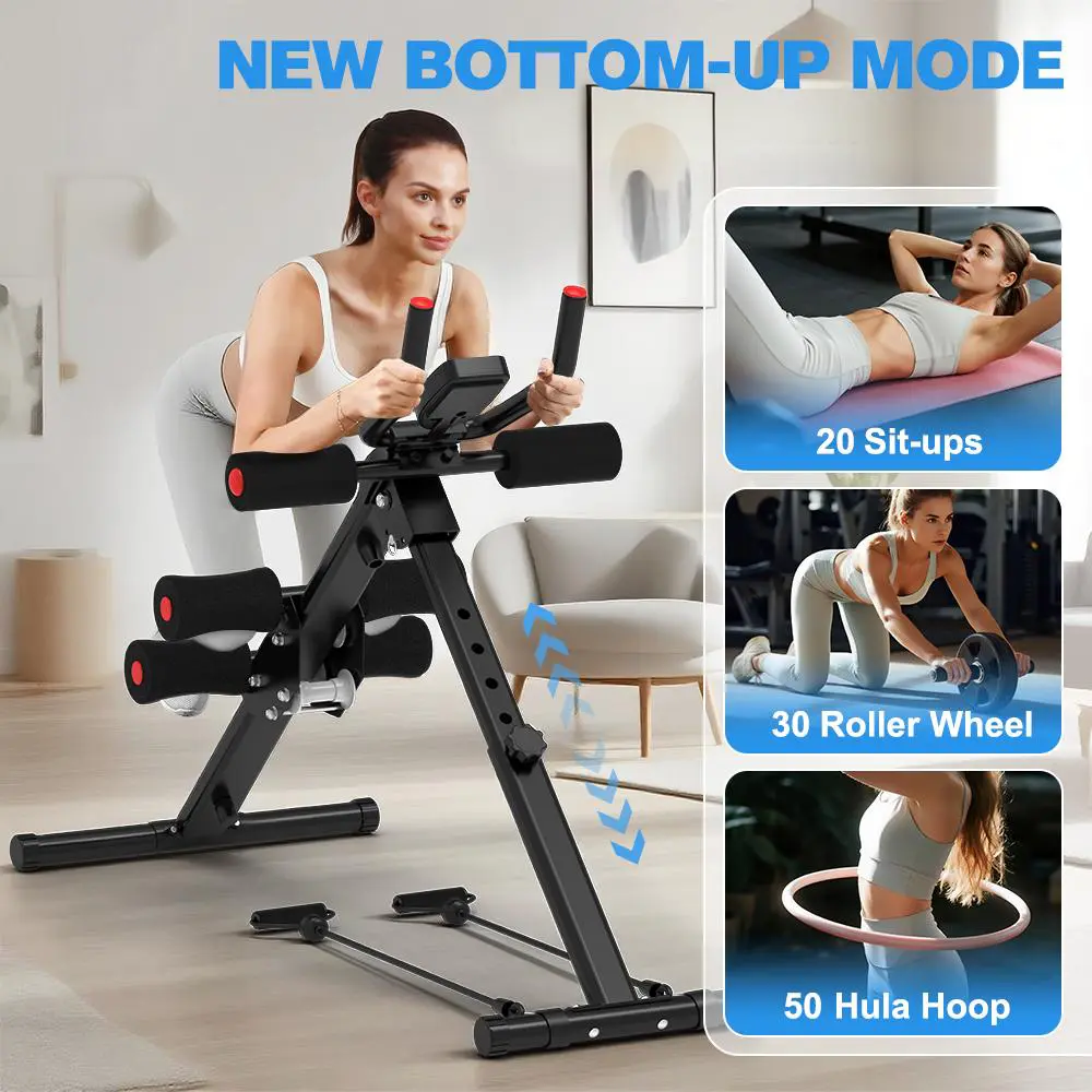 Máquina de abdominales RELIFESPORTS con monitor LCD, equipo plegable para entrenamiento de core, entrenador ajustable para gimnasio en casa con bandas de resistencia para ejercicio de cuerpo completo.