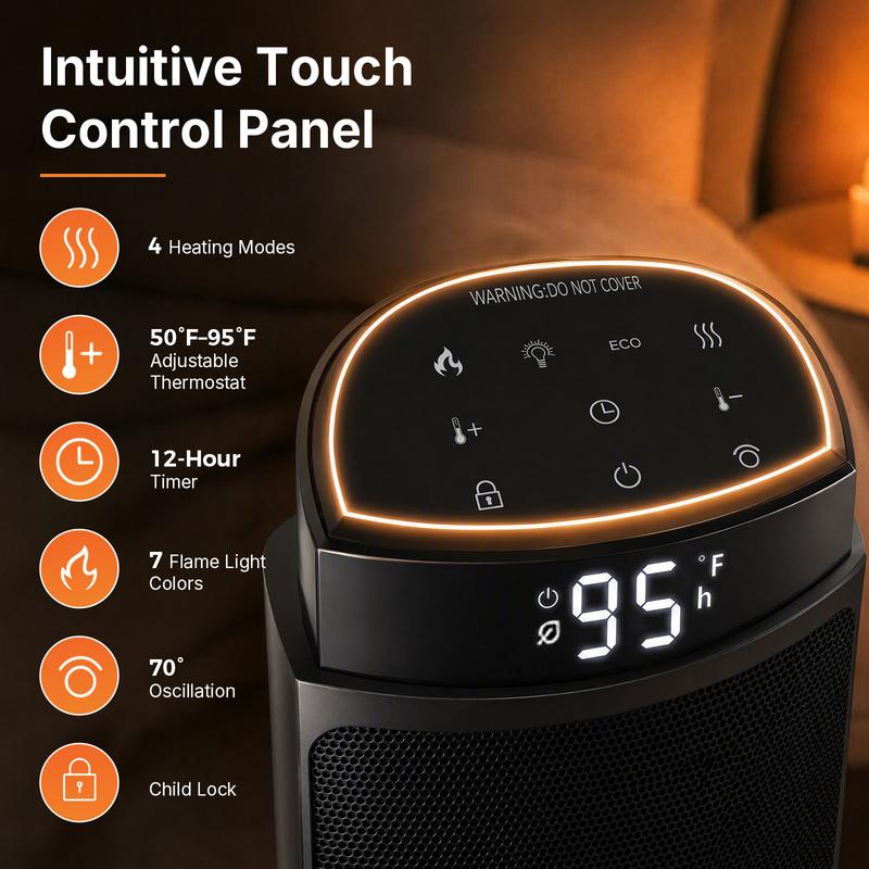 Calefactor Sweetcrispy de 23 pulgadas, calefactor eléctrico de 1500 W con temporizador de 12 horas, 4 modos, oscilación de 70°, termostato (50-95 °F), calentamiento rápido y bloqueo de seguridad para niños.