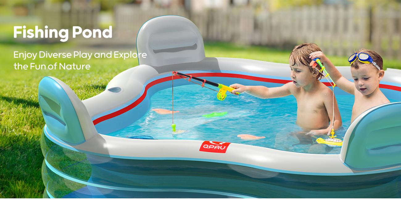 QPAU Inflatable Swimming Pool, Full-Sized Blow Up Pools with Seats and Backrests, Kiddie Pool for Outdoor & Backyard, for Family Summer Time Fun, Jelly Blue QPAU Inflatable Swimming Pool, Full-Sized Blow Up Pools with Seats and Backrests, Kiddie Pool for Outdoor & Backyard, for Family Summer Time Fun, Jelly Blue