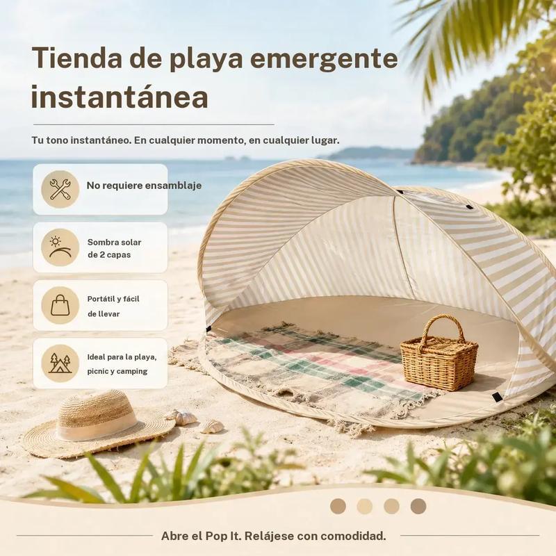Tienda de playa desplegable sin montaje, toldo portátil de doble capa con protección solar, refugio instantáneo para pícnic, parque, acampada y uso familiar al aire libre.