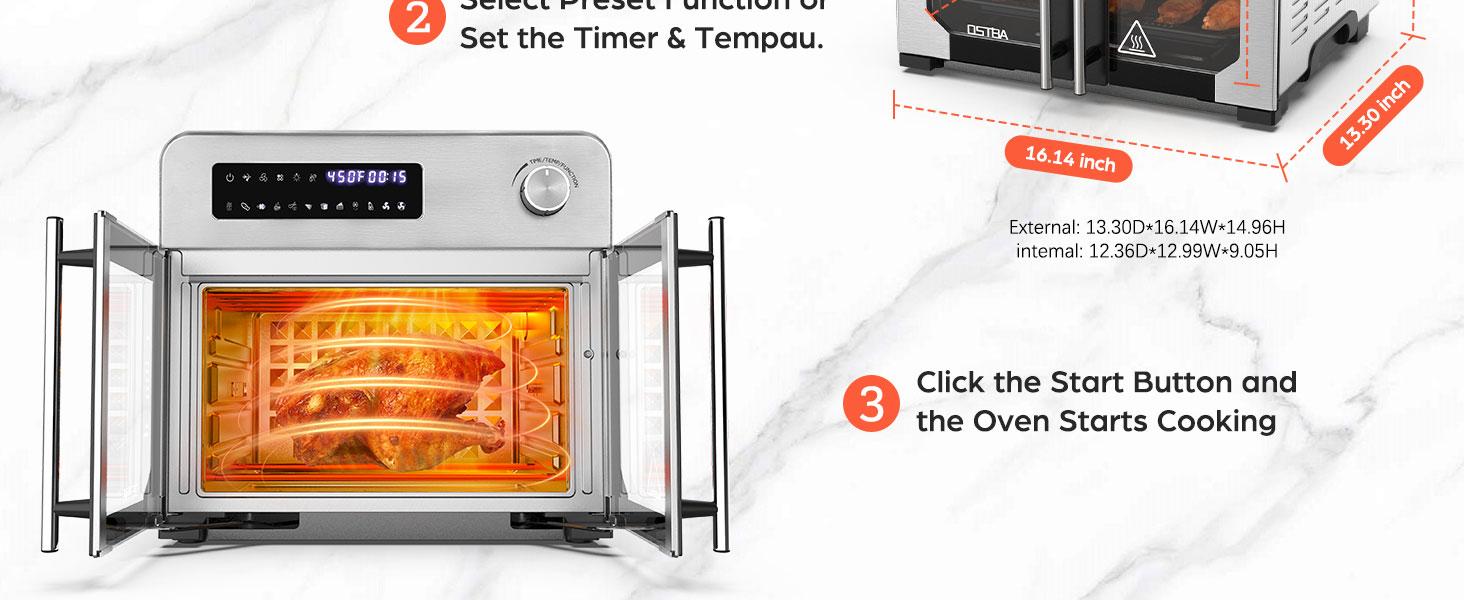 OSTBA French Door Air Fryer Toaster Oven Combo, 102 Recipes & 7 Accessories Extra Large Airfryer Convection Oven Countertop 10-in-1, 95% Less Oil, Fast & Crispy Cooking, Easy to Clean, Recipes