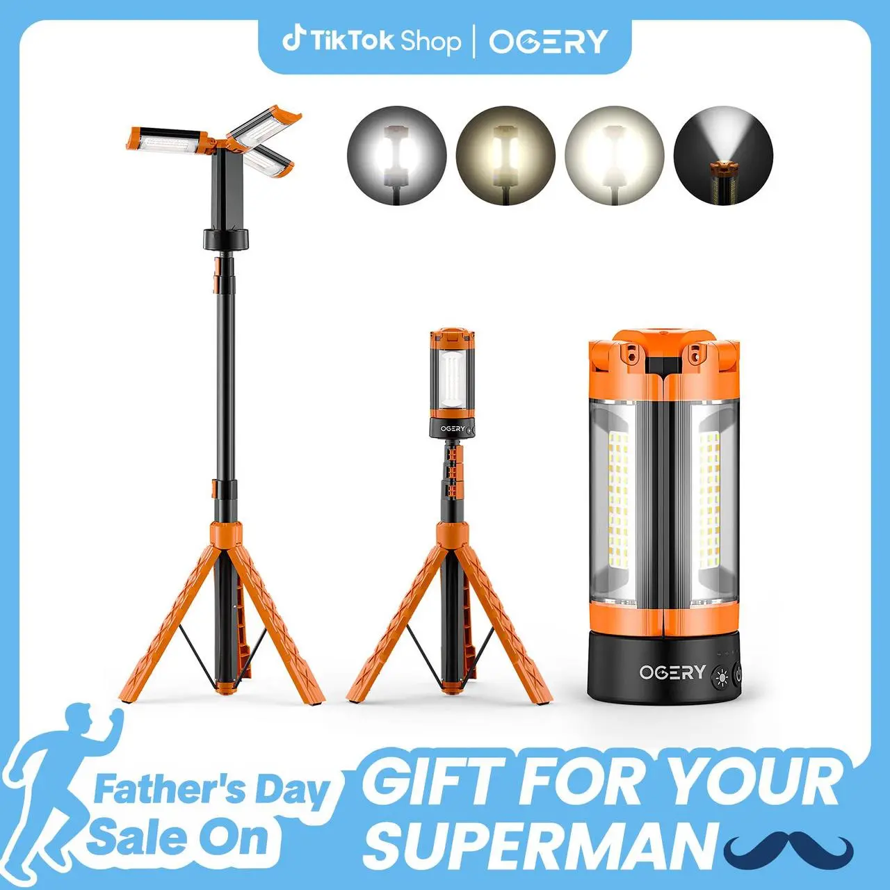 Luz de camping OGERY (10.000/18.000 mAh) con mando a distancia y batería externa: luz de trabajo recargable de 2200 lúmenes con intensidad regulable, luz de emergencia y trípode desmontable (0,53-1,98 m) para actividades al aire libre, senderismo, hogar y