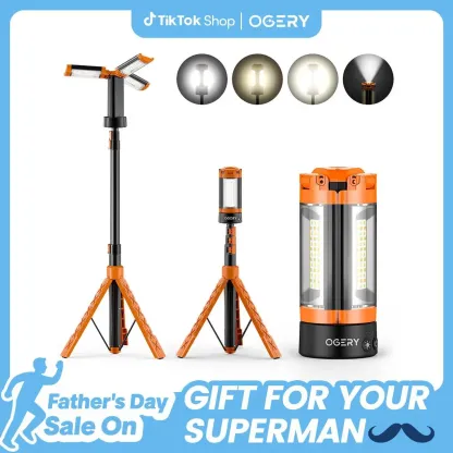 Luz de camping OGERY (10.000/18.000 mAh) con mando a distancia y batería externa: luz de trabajo recargable de 2200 lúmenes con intensidad regulable, luz de emergencia y trípode desmontable (0,53-1,98 m) para actividades al aire libre, senderismo, hogar y