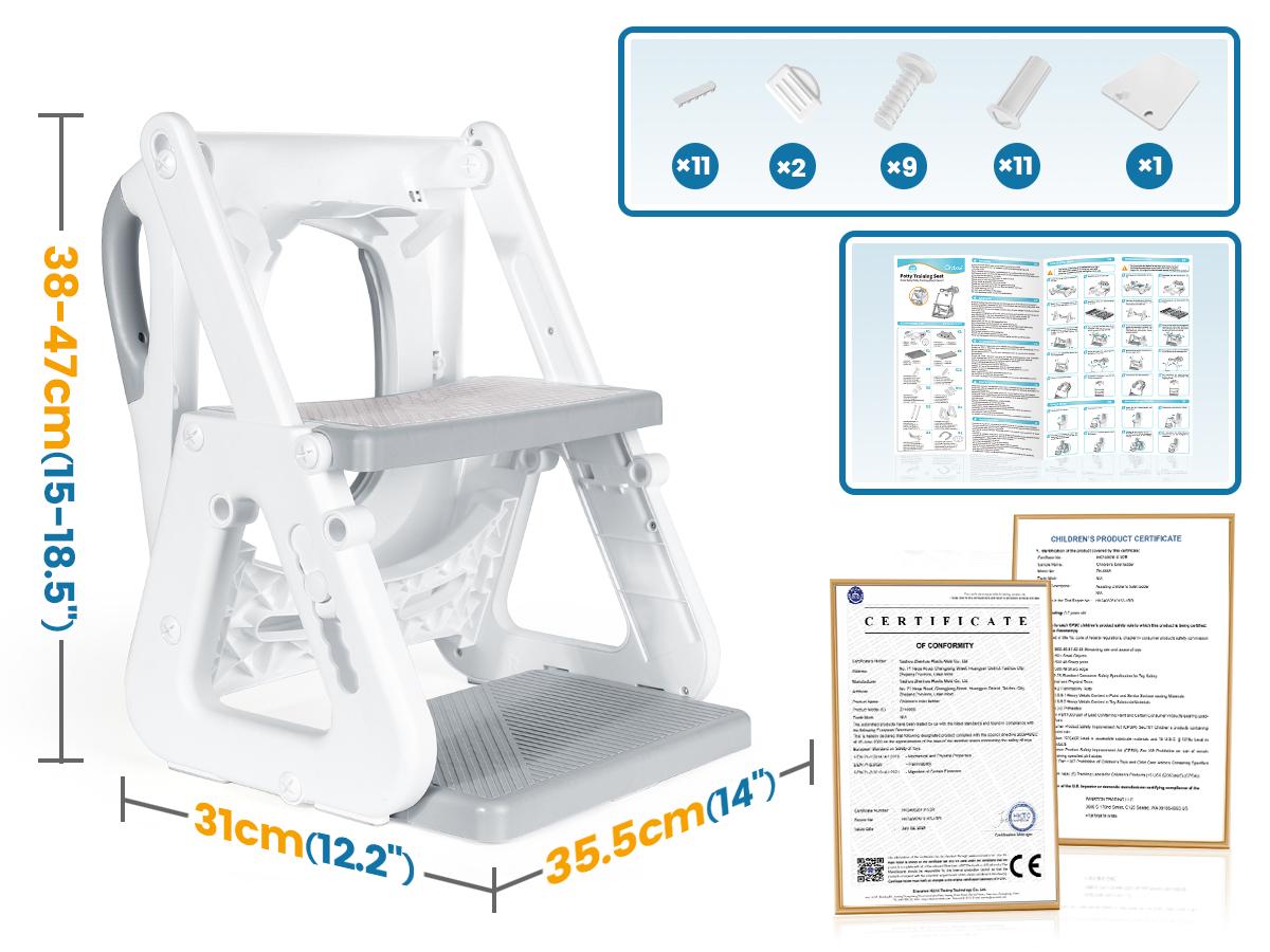 Orzbow Adjustable Height 2-IN-1 Kids Potty Training Toilet Seat with Step Stool, Stable Training Ladder Potty Seat with Splash Guard & Anti-Slip Pad, Grey