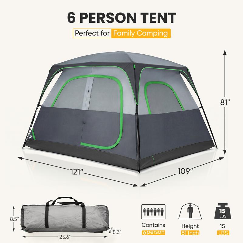 Tienda de campaña familiar para 6 personas, impermeable y resistente al viento, con amplio interior; tienda tipo cabaña de fácil montaje con ventanas de malla y claraboyas; tienda portátil para actividades al aire libre, acampada en coche, senderismo y pe