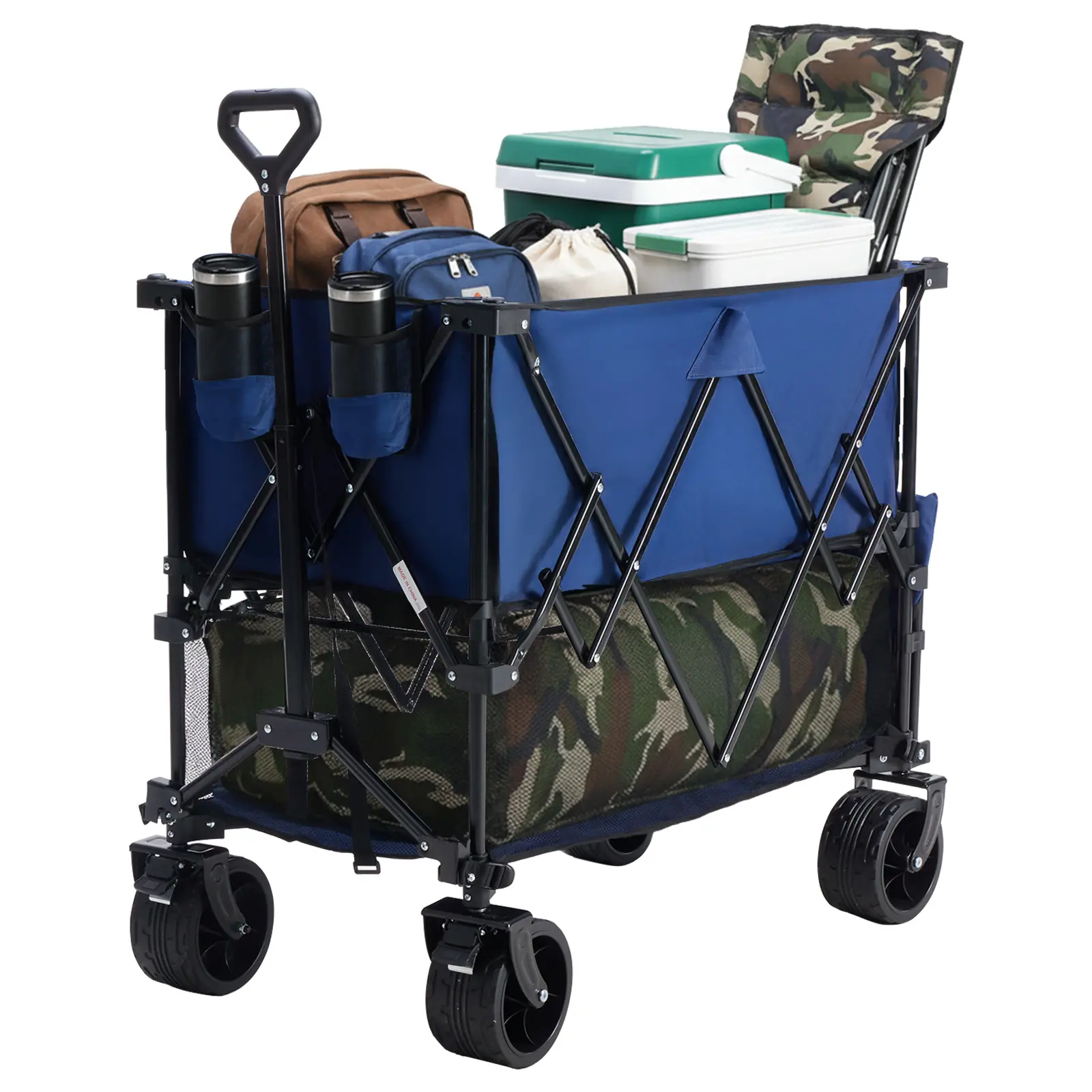 Carro plegable de doble nivel para exteriores DUMOS (320 L) de alta resistencia: capacidad de 440 libras, frenos, asa flexible, ruedas grandes todoterreno; diseño compacto y plegable, ideal para compras, acampada y uso intensivo.