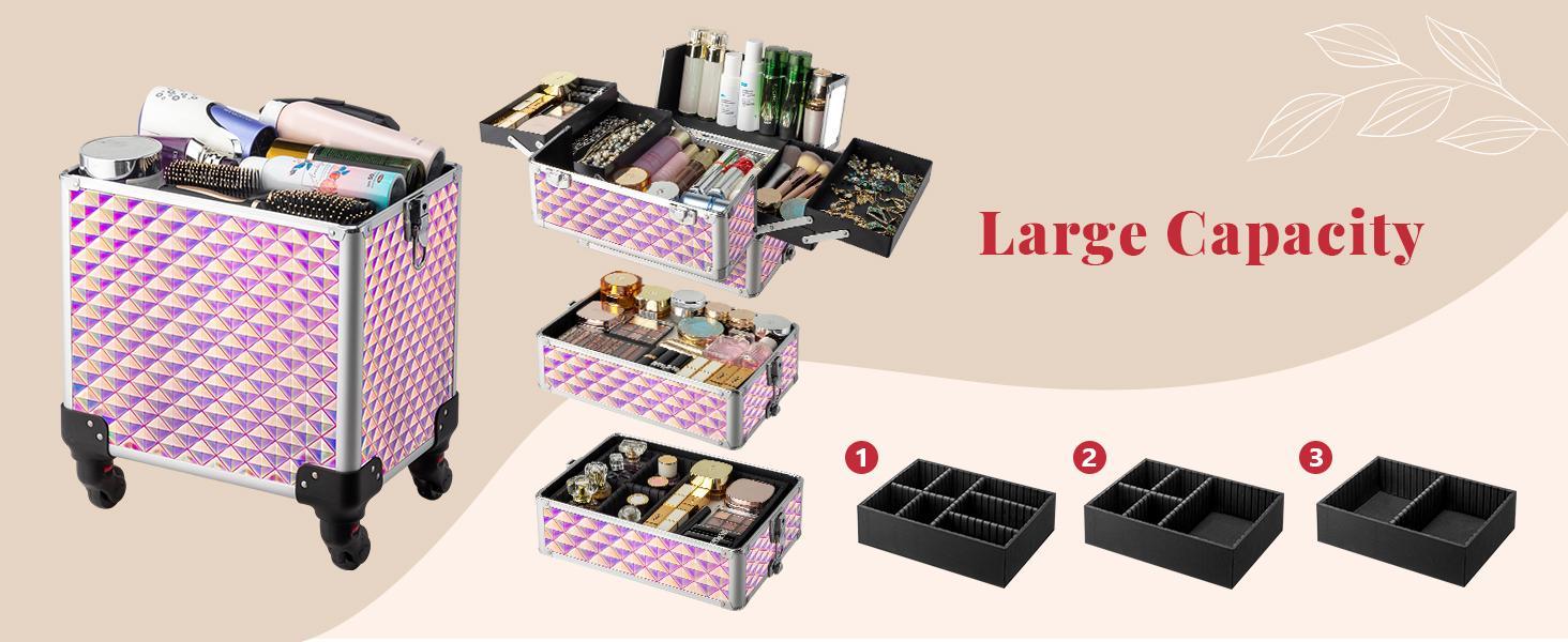 OmySalon 4-in-1 Design Rolling Makeup Train Case - Travel Cosmetic Bag, Lift Handle, 4 Removable Lockable Wheels with Keys, Aluminum Trolley Organizer for Beauty Center Professionals, Ideal Xmas/New Year Gift