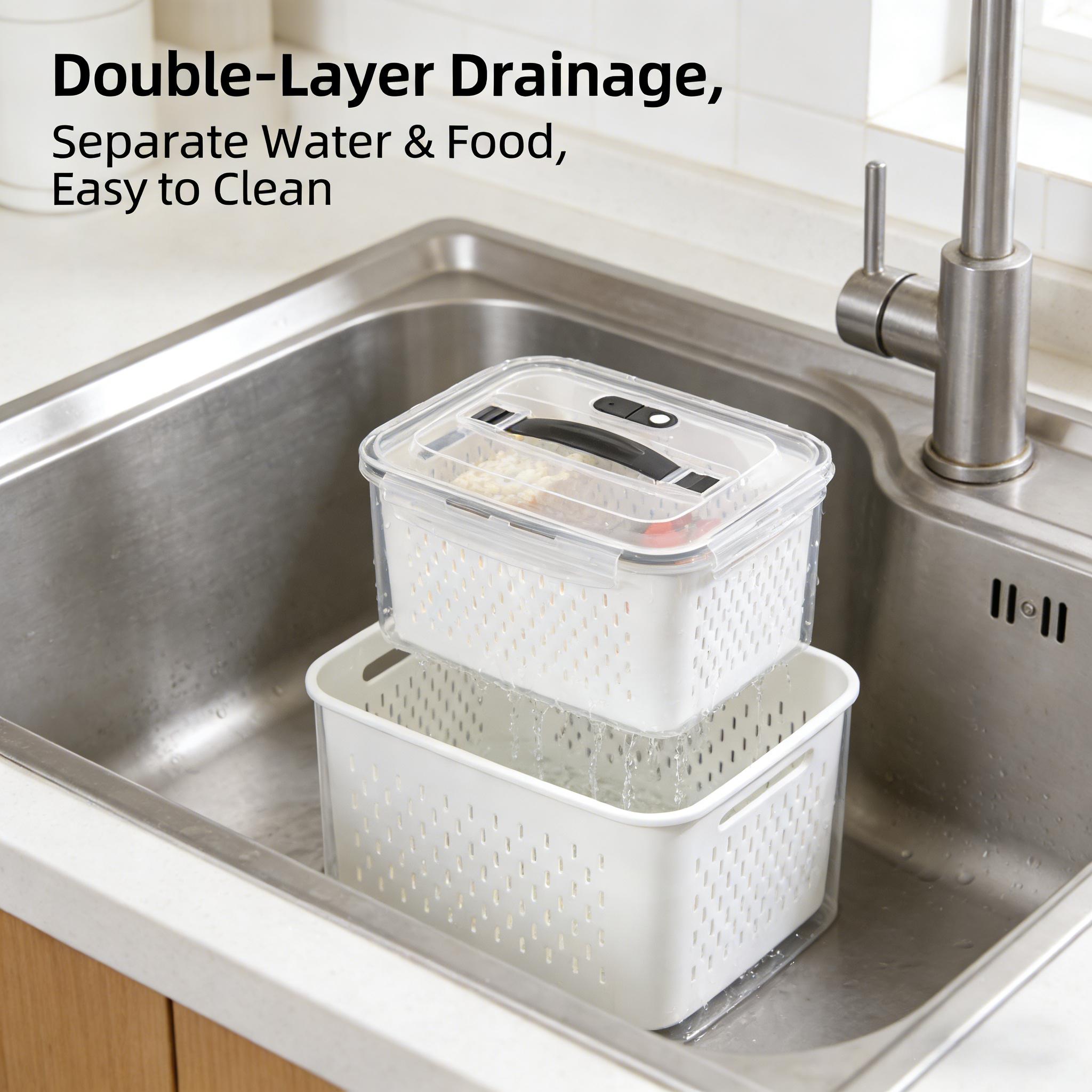 Kitchen Utensils Fridge Storage Organizers (3pcs/5pcs) - Transparent Plastic Stackable Storage Jar Strainer Containers with Removable Colander, Leakproof, Dishwasher & Microwave Safe, Keeps Fruits Vegetables Fresh Longer