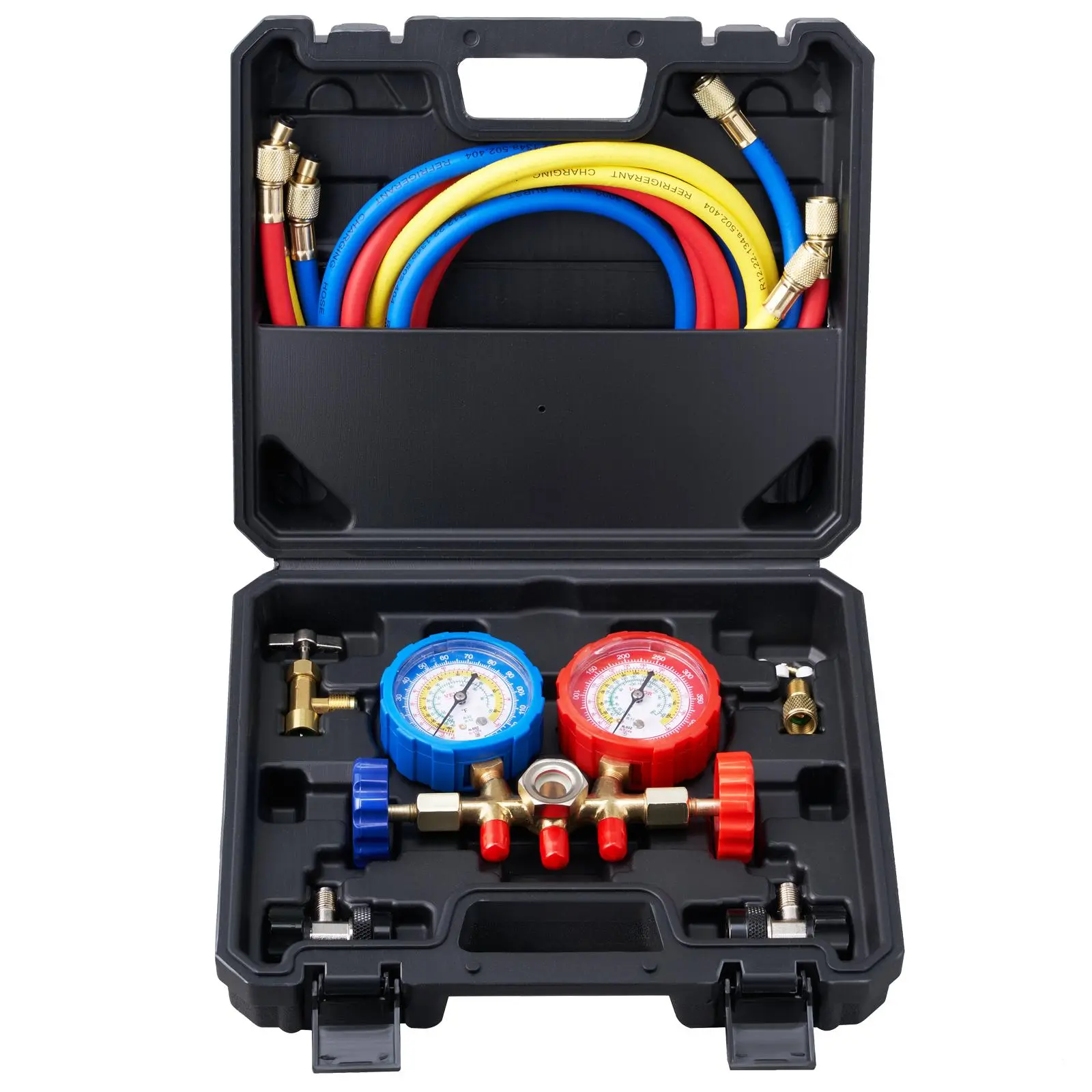 Juego de manómetros de diagnóstico VEVOR para aire acondicionado automotriz; manómetros de 3 vías para refrigerantes R134a, R404A, R1234yf y R22, con mangueras de 5 pies, acopladores y adaptadores; herramienta HVAC para carga, diagnóstico y evacuación de 