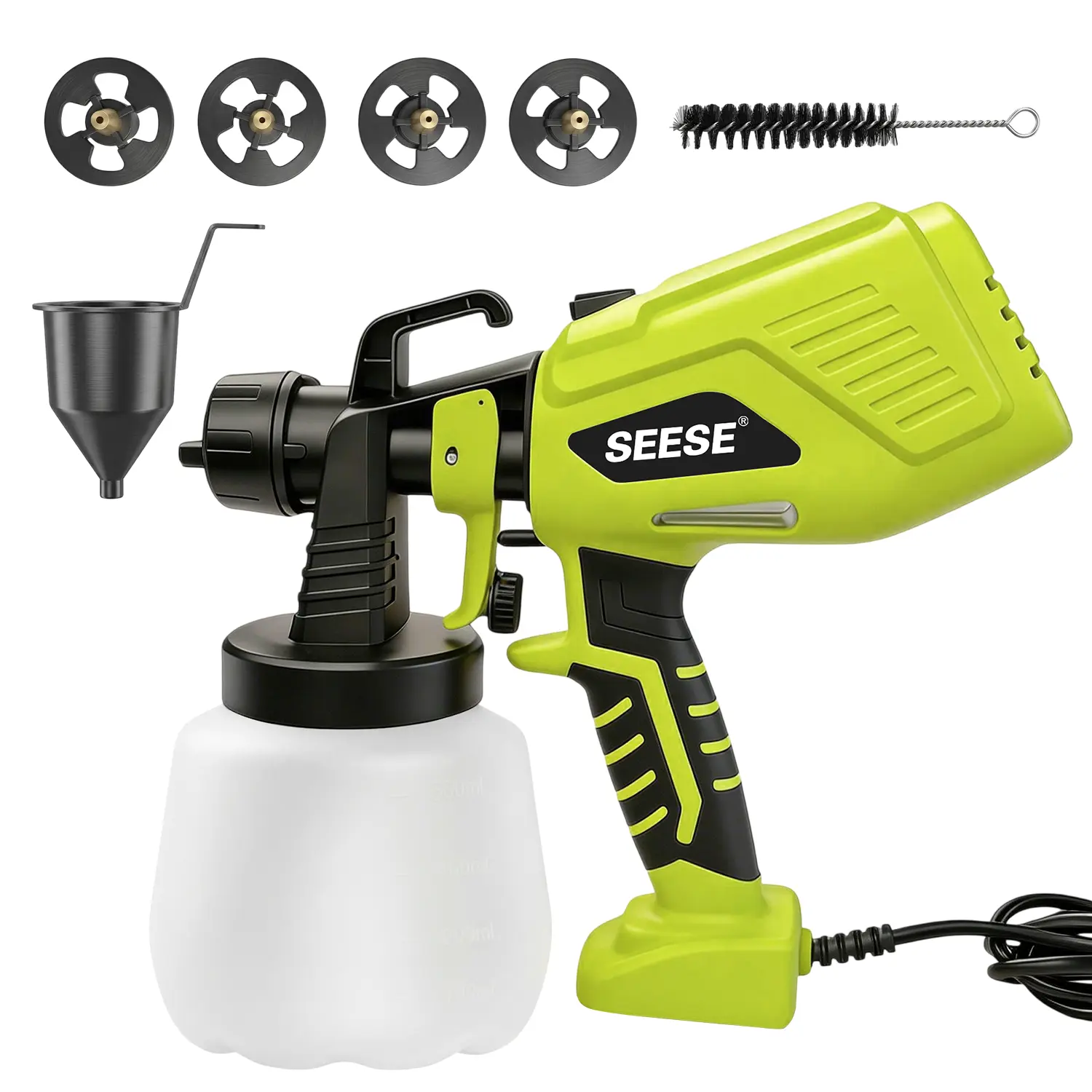 Pulverizador de pintura SEESE, equipado con una pistola de gran capacidad de 1200 ml y accesorios de limpieza; cuenta con control de flujo ajustable, 4 boquillas y 3 modos de pulverización. Fácil de limpiar y adecuado para pintar muebles, vallas, paredes,