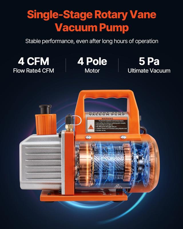 Kit de bomba de vacío rotativa de paletas de una etapa (4 CFM, 1/3 HP) para HVAC y manómetro múltiple — Summervibes