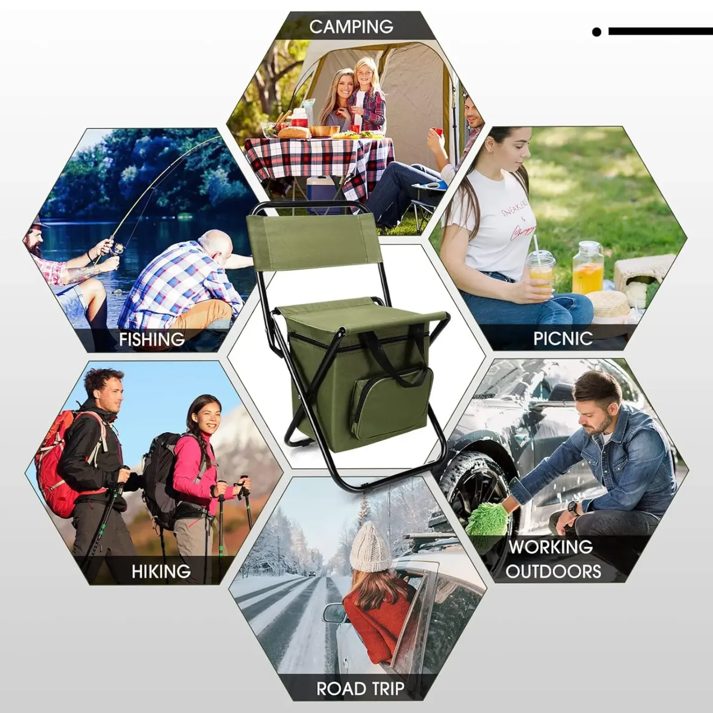 Silla de pesca portátil con bolsa térmica, taburete de pesca compacto, silla de camping plegable y compacta, silla para exteriores de resistente tela Oxford, soporta hasta 440 libras (aprox. 200 kg); ideal para viajes, acampada, caza y senderismo.