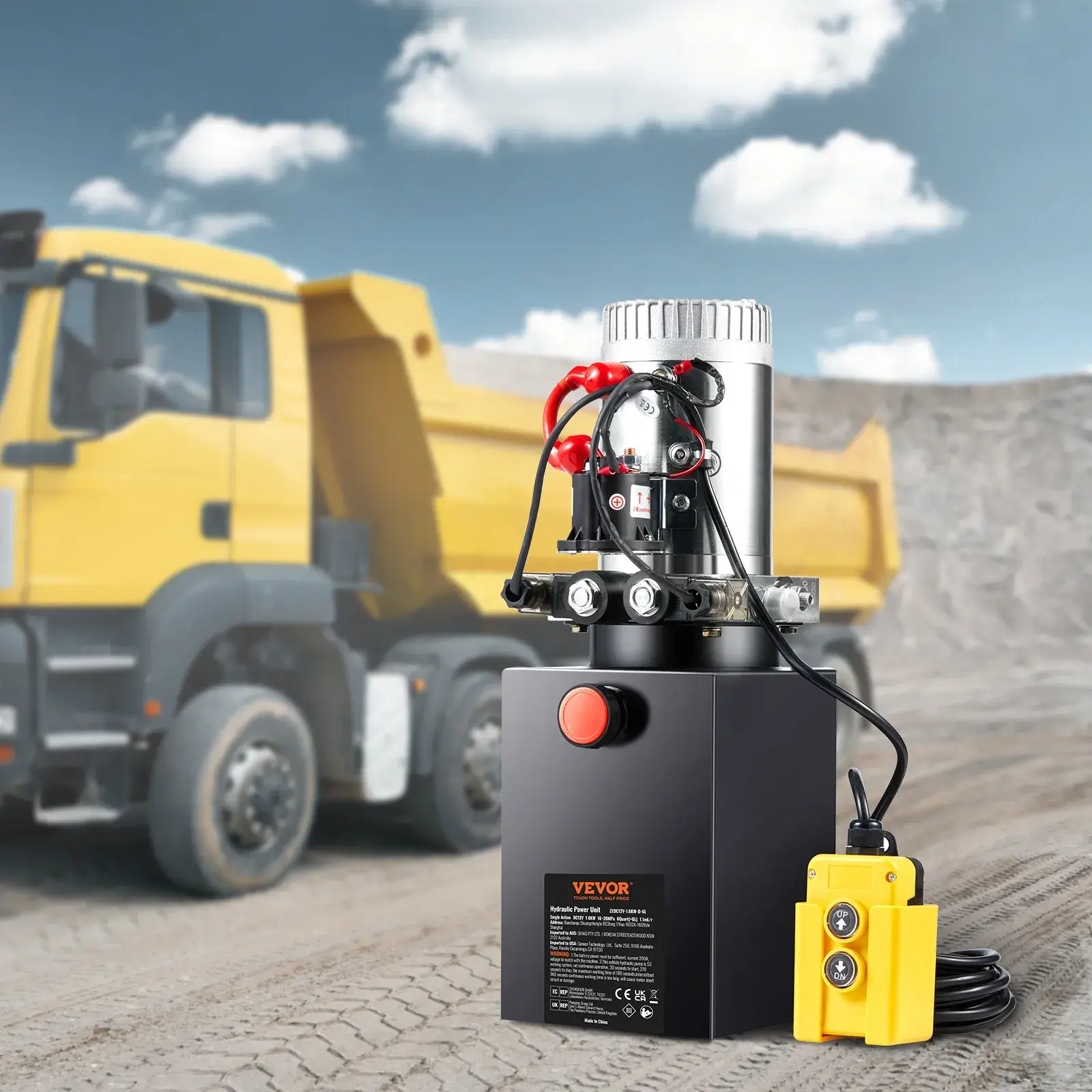 Bomba hidráulica VEVOR, unidad de potencia hidráulica de 6 cuartos de galón, bomba de doble efecto para remolque volquete, caudal de 0,91 GPM, presión máxima de alivio de 3200 PSI, bomba hidráulica de 12 V CC para remolque volquete y elevación de vehículo