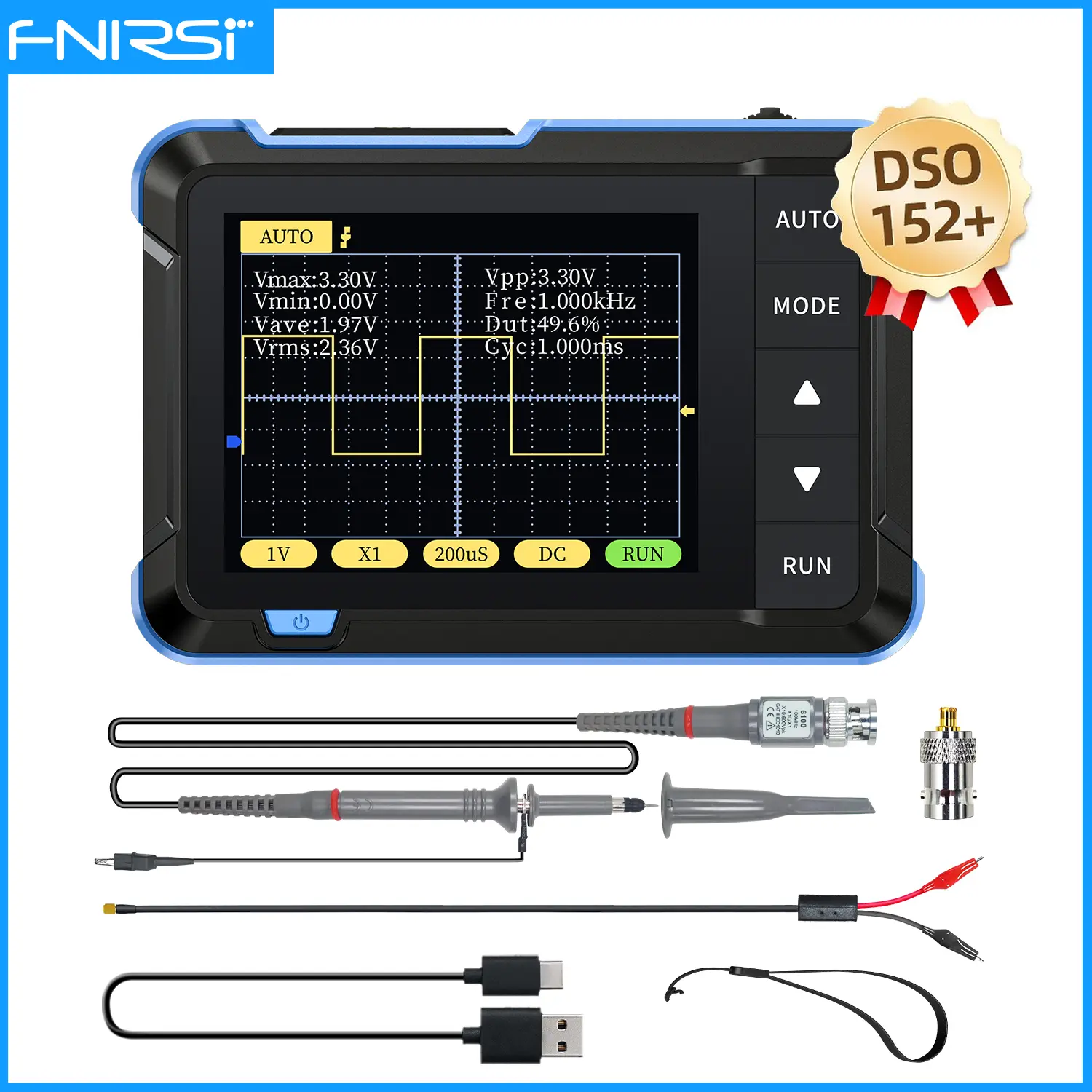 Osciloscopio de bolsillo FNIRSI DSO-152 para ganancia de audio automotriz, verificación de recorte (clipping) y aprendizaje DIY.
