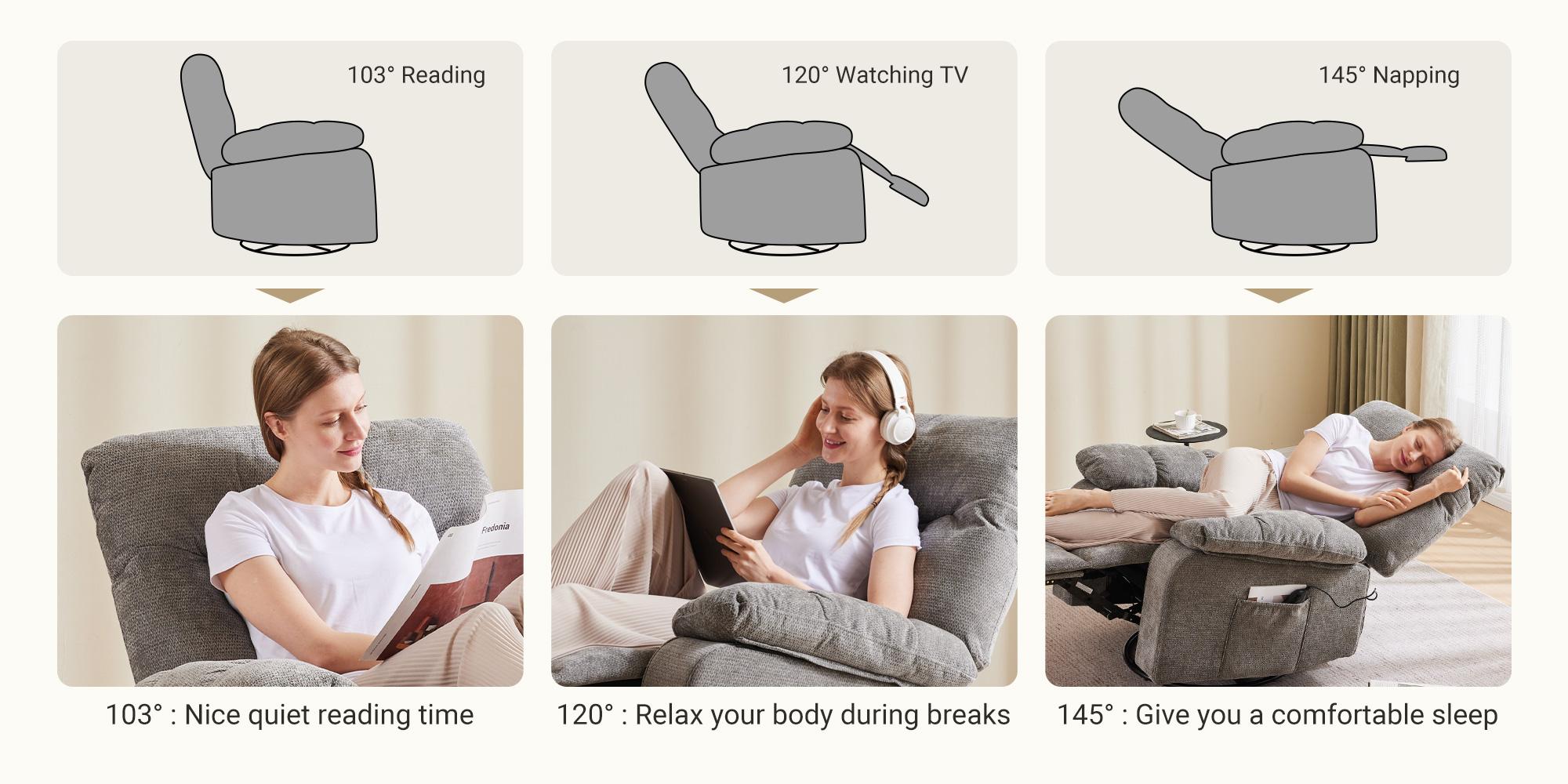 DUMOS Rocker Recliner Chair, Swivel Recliner with Vibration Massage & Lumbar Heating, 270&deg; Rotating Chenille Fabric Recliner with footrest for Living Room & Bedroom