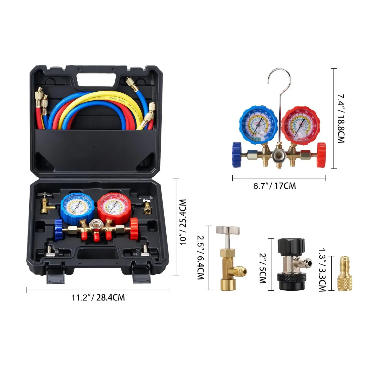 Juego de manómetros de diagnóstico VEVOR para aire acondicionado automotriz; manómetros de 3 vías para refrigerantes R134a, R404A, R1234yf y R22, con mangueras de 5 pies, acopladores y adaptadores; herramienta HVAC para carga, diagnóstico y evacuación de 