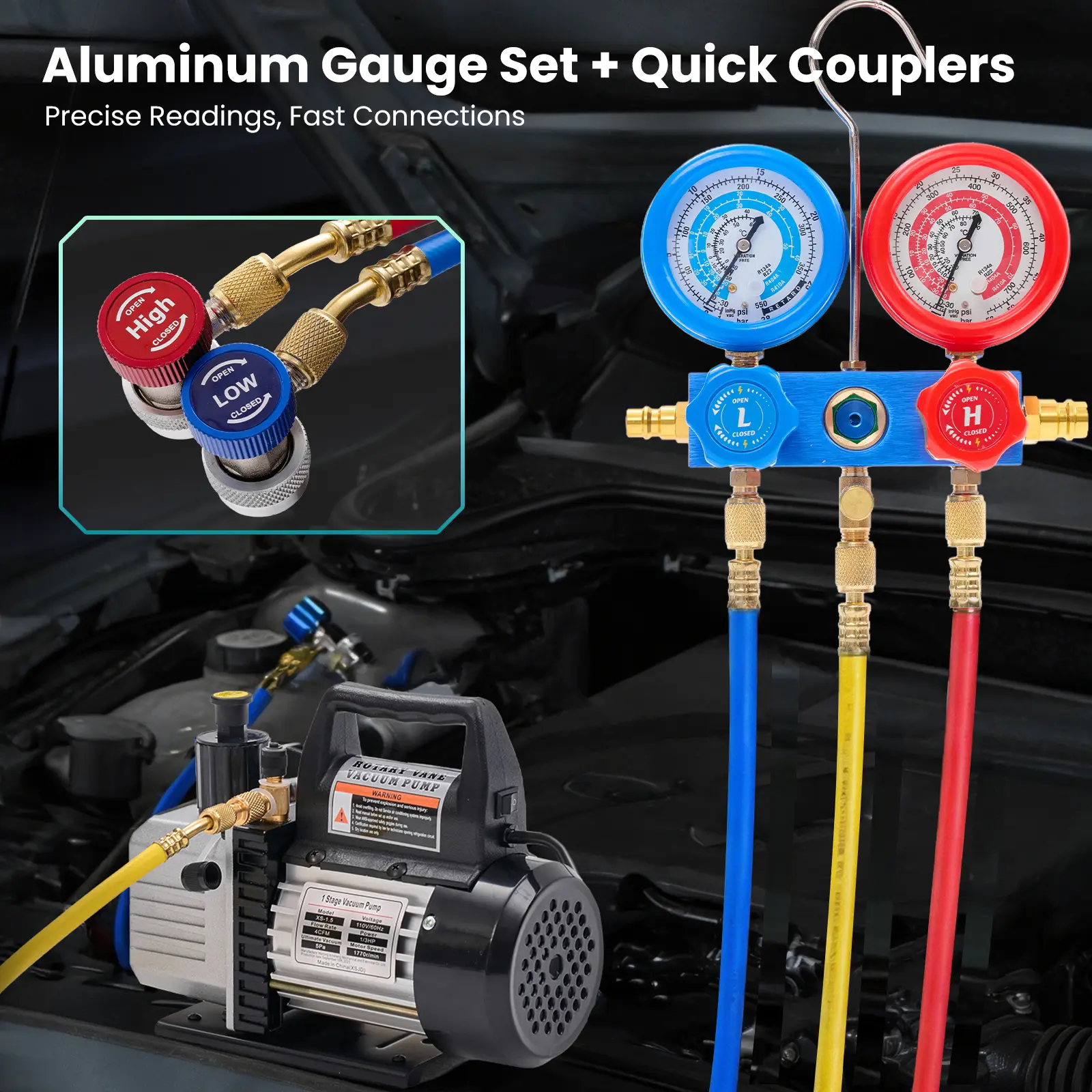 Kit de bomba de vacío de una etapa (110 V, 1/3 HP, 4 CFM) con juego de manómetros para R134a, detector de fugas, mangueras de 1/4" y bolsa de transporte para sistemas HVAC y refrigeración; con certificación ETL.