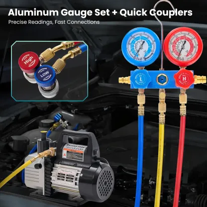 Kit de bomba de vacío de una etapa (110 V, 1/3 HP, 4 CFM) con juego de manómetros para R134a, detector de fugas, mangueras de 1/4" y bolsa de transporte para sistemas HVAC y refrigeración; con certificación ETL.