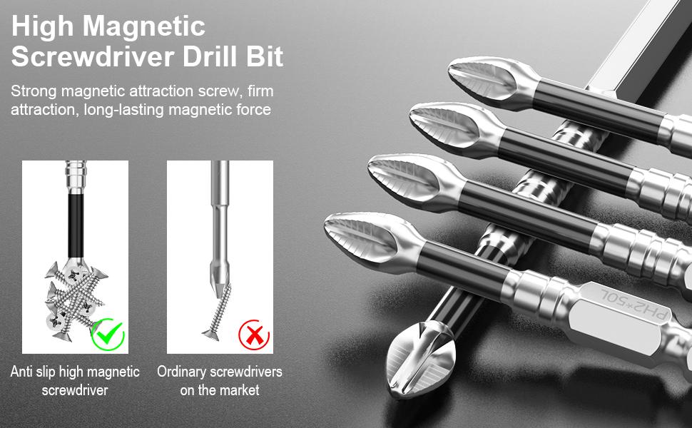 ADESKE PH2 Magnetic Screwdriver Bit Set 9PCS &ndash; Impact Resistant S2 Steel Bits, Non-Slip Electric Screwdriver Drill Bits, 1/4" Hex, 25-150mm