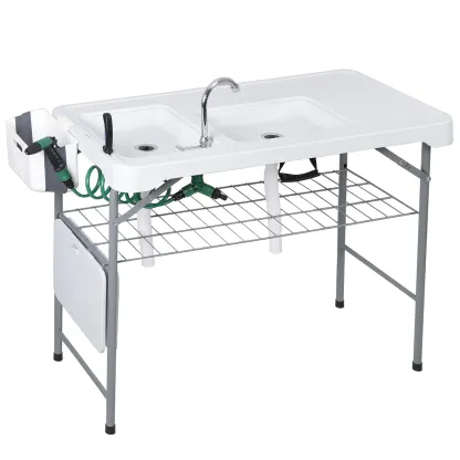 Estación de preparación exterior multiusos Segawe All-in-1: mesa exterior ligera, mesa plegable portátil de PE y acero con patas plegables, fregaderos dobles, grifo, rejilla, capacidad de 660 lb, limpieza de pescado, muebles de patio esenciales para barba