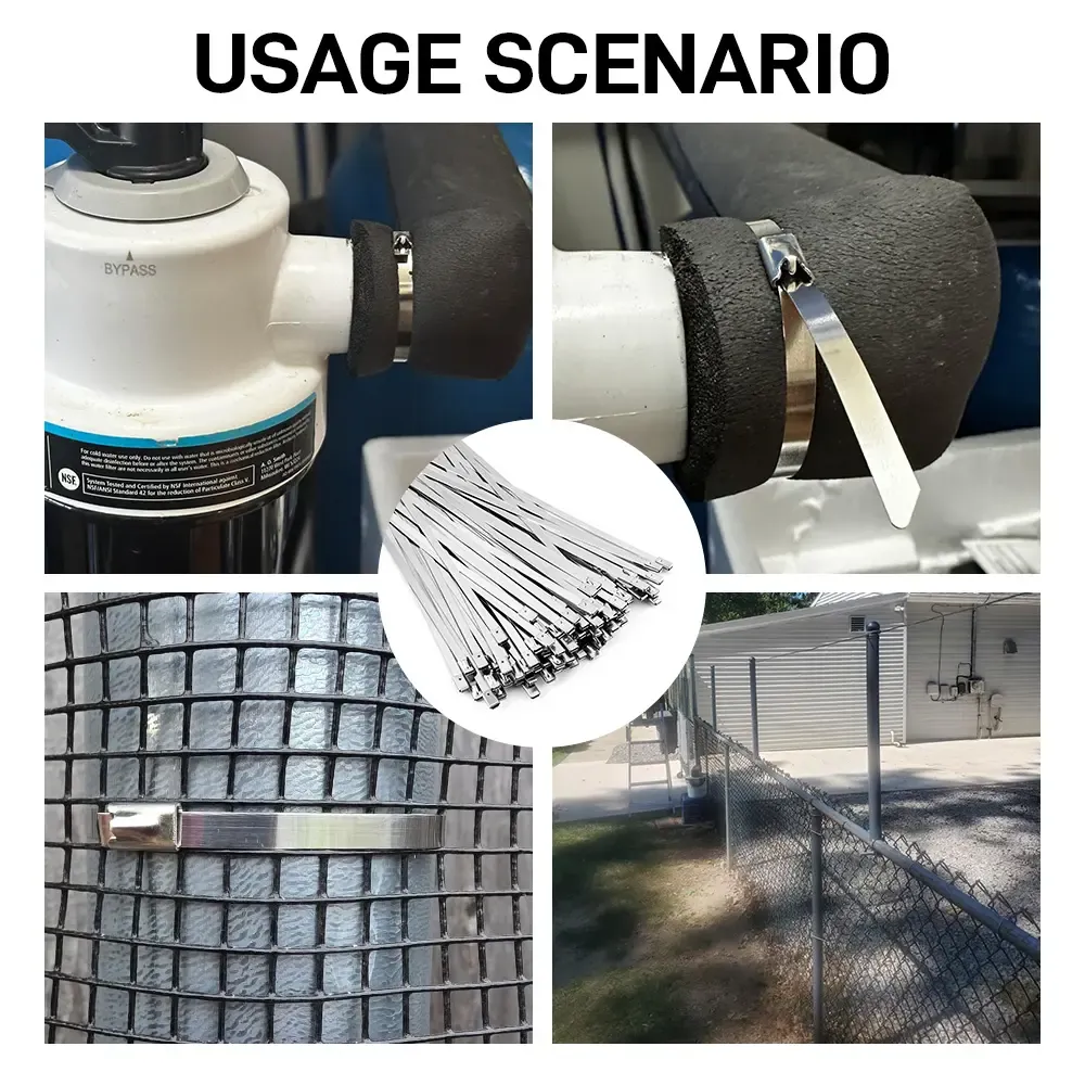 Kit de herramienta tensora y cortadora para bridas de acero inoxidable, incluye 100 bridas de alta resistencia (acero 304, resistentes a rayos UV, 11,8 pulgadas/300 mm de largo y 200 libras de resistencia a la tracción); ideal para cercas de malla ciclóni