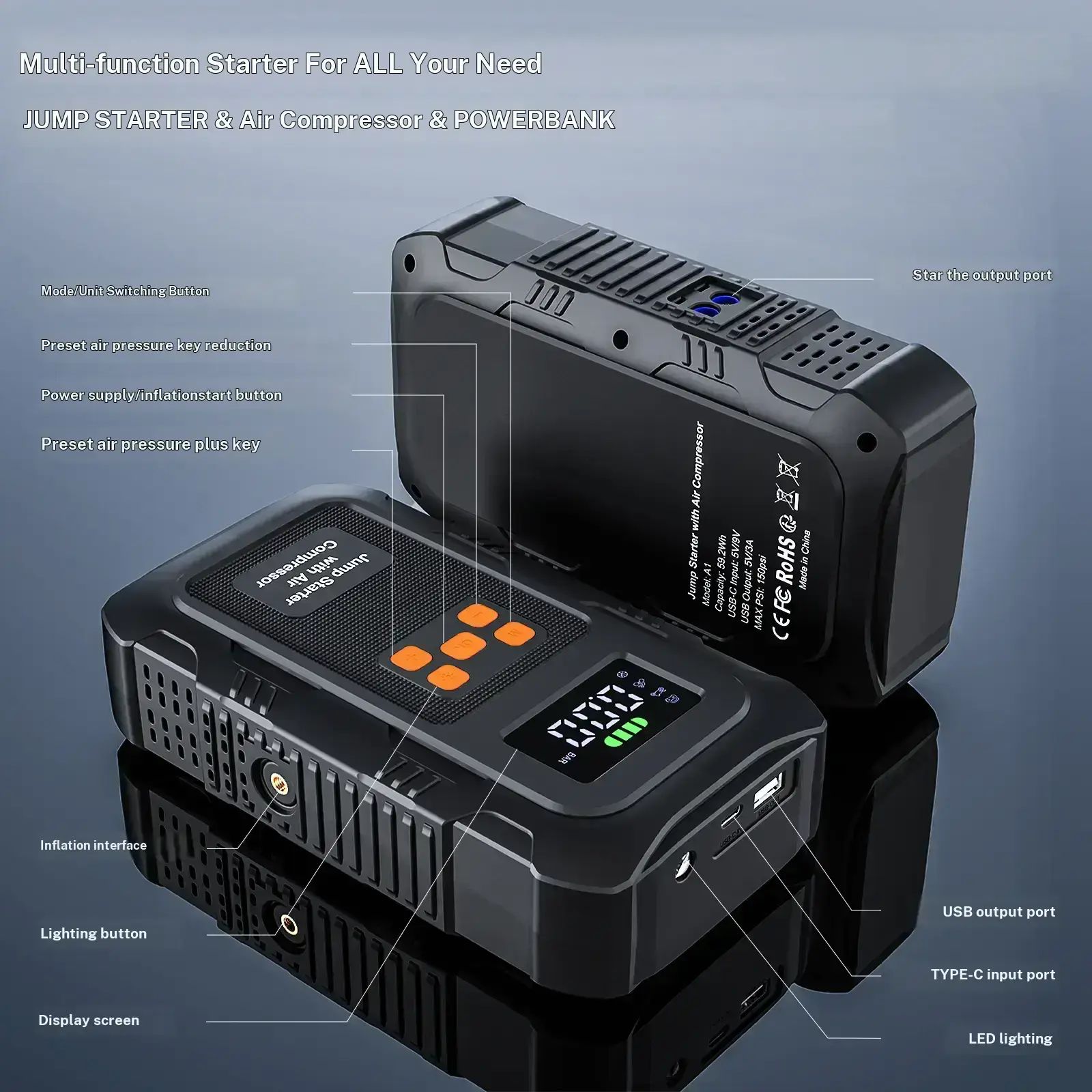 Arrancador portátil «todo en uno» de 6000 A y 24 000 mAh (12 V) con compresor de aire de 150 PSI para arranque de vehículos e inflado de neumáticos; incluye pantalla LCD inteligente.