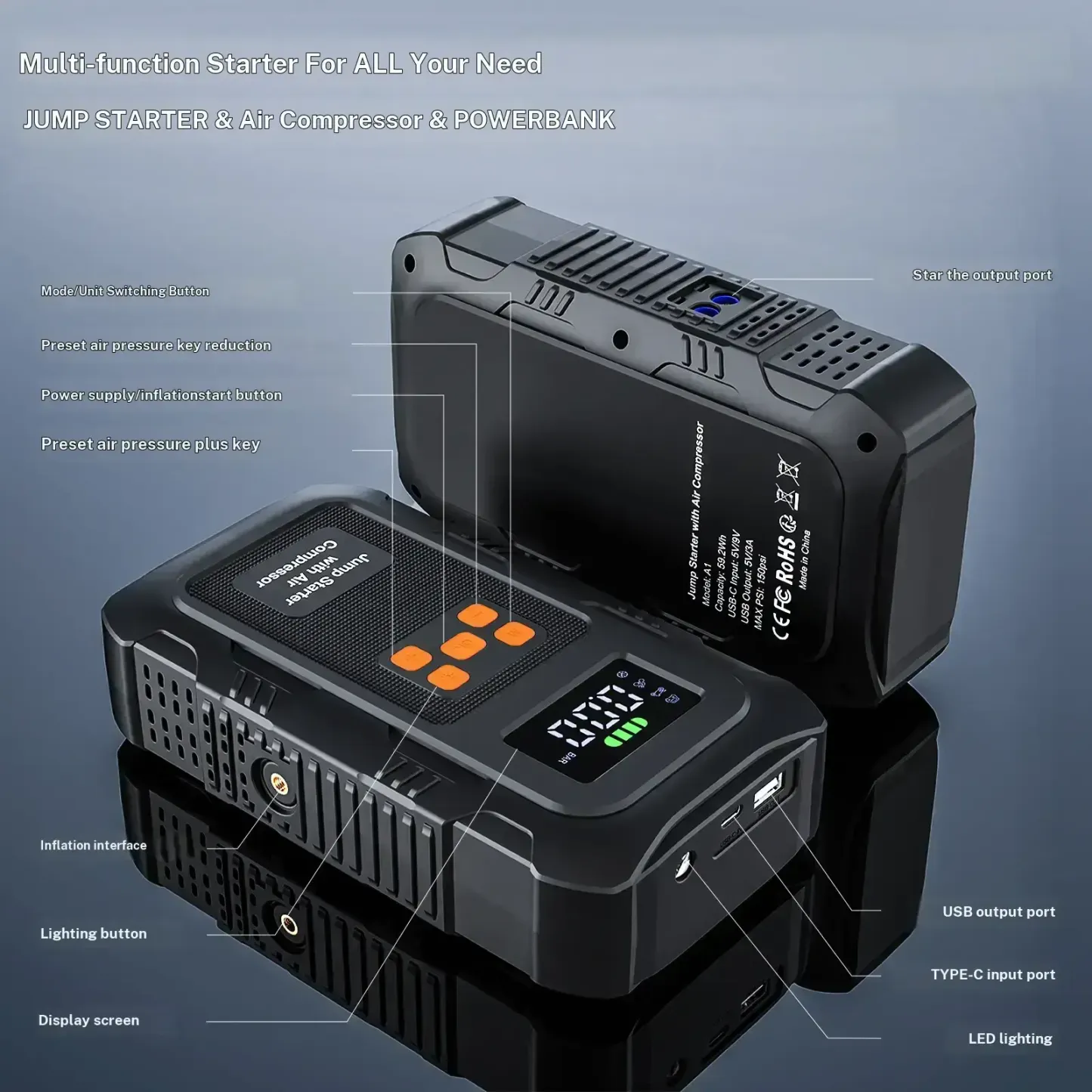Arrancador portátil «todo en uno» de 6000 A y 24 000 mAh (12 V) con compresor de aire de 150 PSI para arranque de vehículos e inflado de neumáticos; incluye pantalla LCD inteligente.
