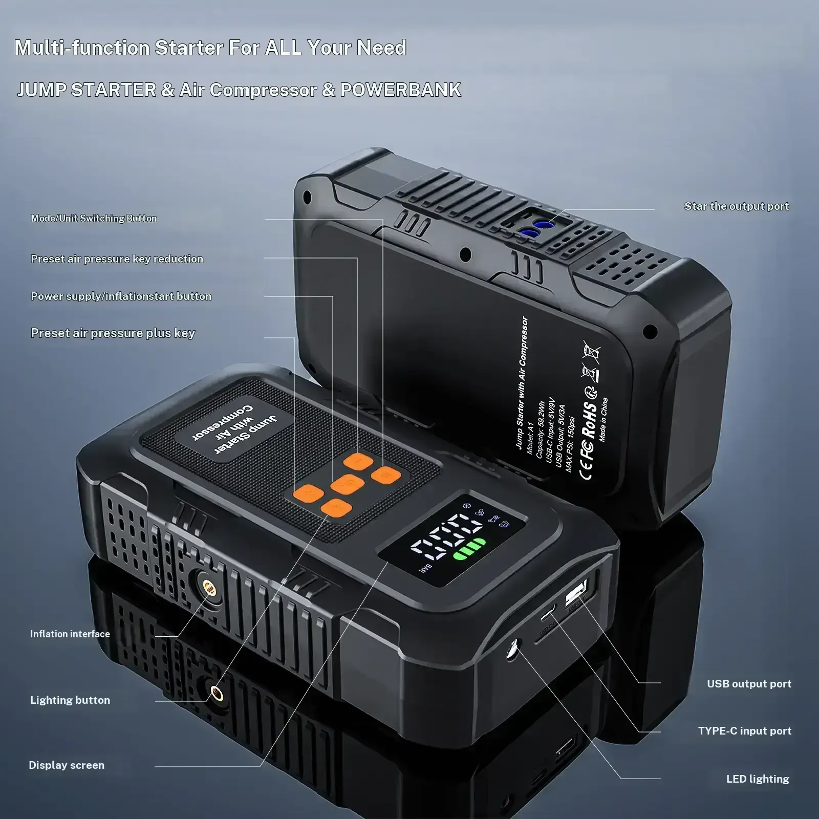 Arrancador portátil «todo en uno» de 6000 A y 24 000 mAh (12 V) con compresor de aire de 150 PSI para arranque de vehículos e inflado de neumáticos; incluye pantalla LCD inteligente.