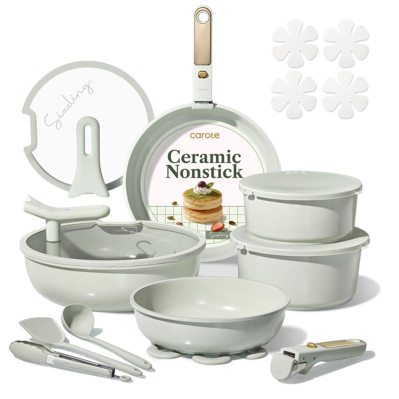 Juego de utensilios de cocina de cerámica CAROTE (Color Macaron) de 20 piezas — Incluye tapas con soporte y asas desmontables — Juego de ollas y sartenes antiadherentes, no tóxico y libre de PFAS.