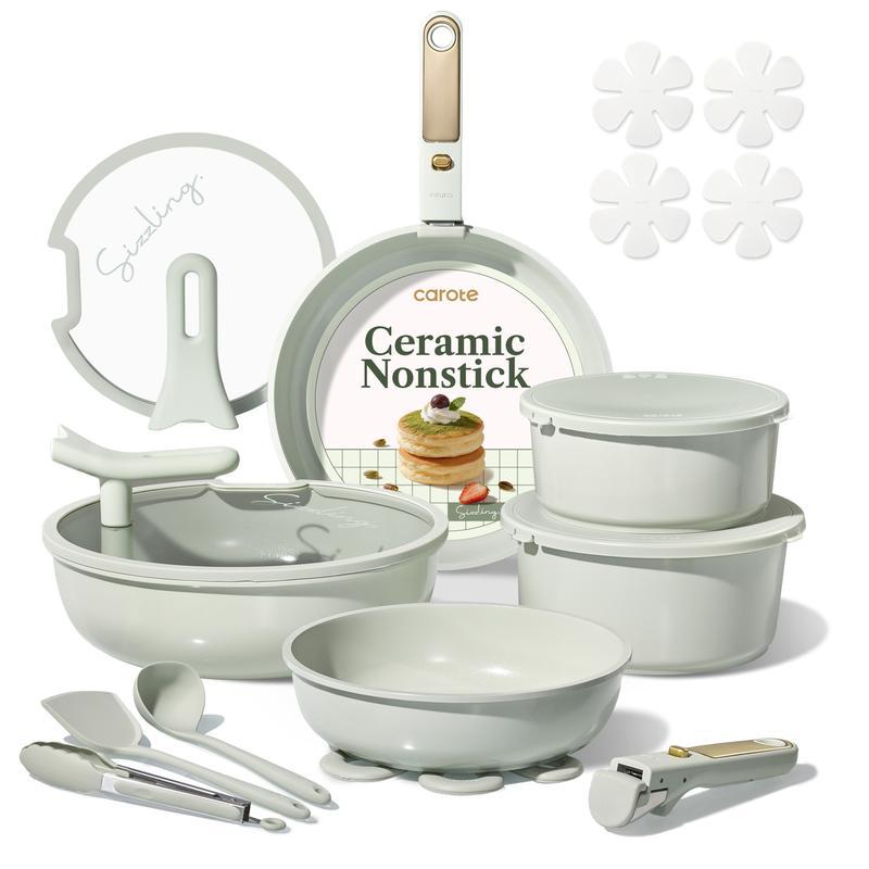 Juego de utensilios de cocina de cerámica CAROTE (Color Macaron) de 20 piezas — Incluye tapas con soporte y asas desmontables — Juego de ollas y sartenes antiadherentes, no tóxico y libre de PFAS.