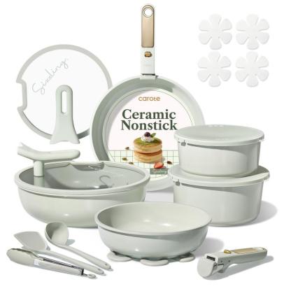 Juego de utensilios de cocina de cerámica CAROTE (Color Macaron) de 20 piezas — Incluye tapas con soporte y asas desmontables — Juego de ollas y sartenes antiadherentes, no tóxico y libre de PFAS.