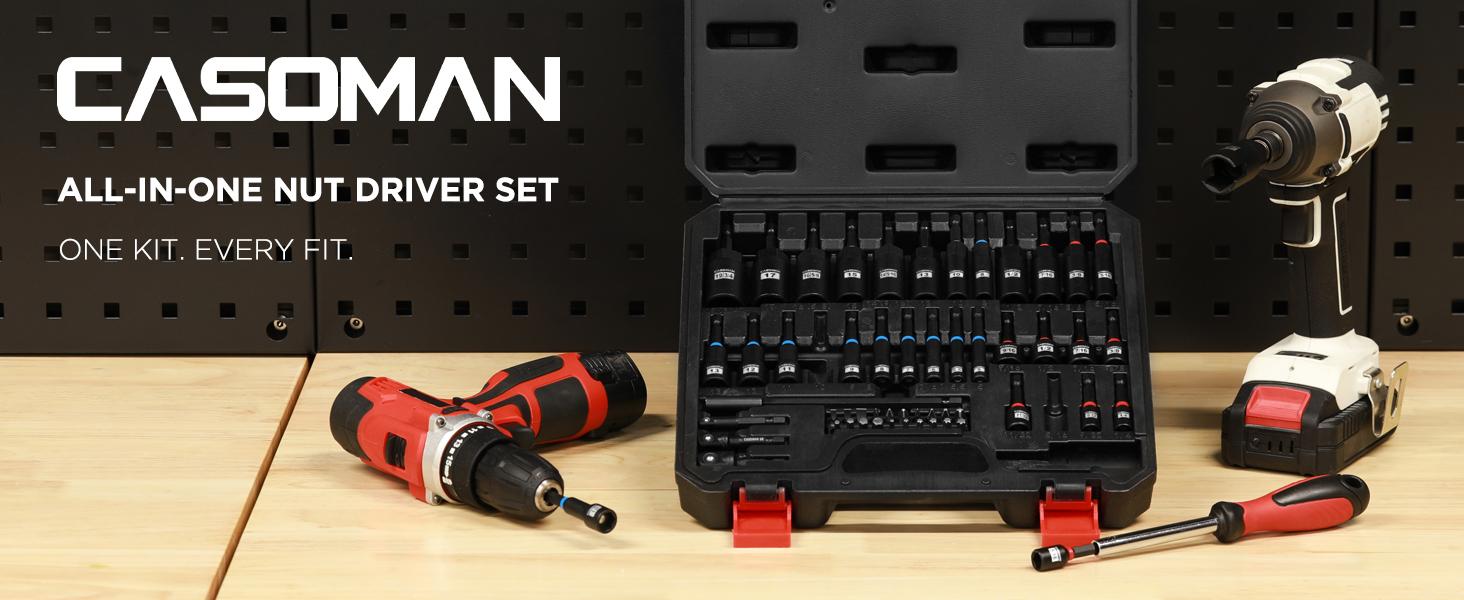 CASOMAN 55-Piece Magnetic Nut Driver Set for Impact Drill - Deep, Shallow, Metric, SAE; Includes Screwdriver Bits, Bit Extension Bar, Socket Adapters, Wing Nut Driver, Tool Box - Father's Day Gift, DEALS FOR YOU DAY