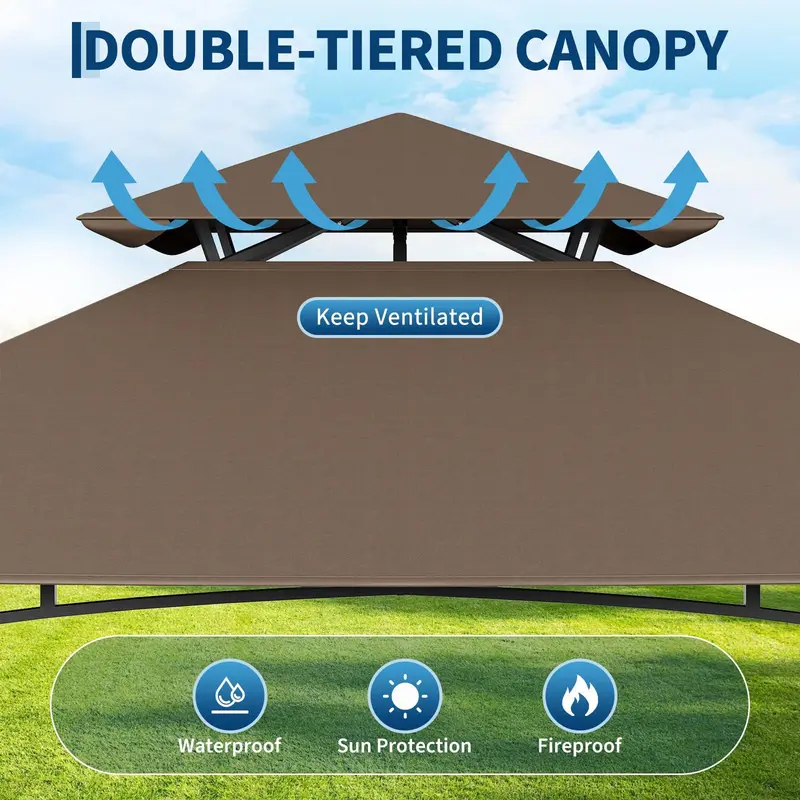 Cenador para barbacoas Gaomon de 8 x 5 pies — Toldo parasol para patio exterior con techo ventilado de doble nivel, toldos laterales dobles ajustables, 2 estantes prácticos, ganchos, gancho para luz de techo, patas reforzadas y estructura de acero resiste