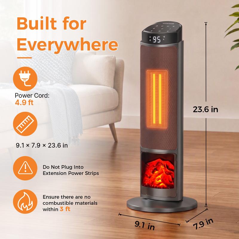 Calefactor Sweetcrispy de 23 pulgadas, calefactor eléctrico de 1500 W con temporizador de 12 horas, 4 modos, oscilación de 70°, termostato (50-95 °F), calentamiento rápido y bloqueo de seguridad para niños.