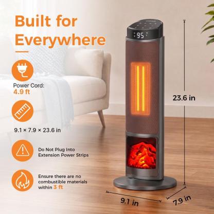 Calefactor Sweetcrispy de 23 pulgadas, calefactor eléctrico de 1500 W con temporizador de 12 horas, 4 modos, oscilación de 70°, termostato (50-95 °F), calentamiento rápido y bloqueo de seguridad para niños.