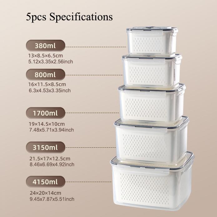 Organizadores de almacenamiento para refrigerador (juego de 3 o 5 piezas): Recipientes apilables de plástico transparente con colador extraíble; herméticos, aptos para lavavajillas y microondas; mantienen frescas por más tiempo las frutas y verduras.