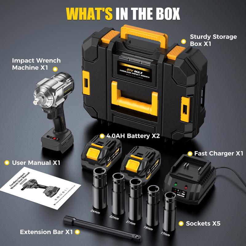 SOARFLY Llave de impacto inalámbrica de 1200 Nm (900 ft-lbs), para automóviles y camiones; incluye 2 baterías de 4.0 Ah, cargador rápido, 3000 RPM, 5 vasos y 1 barra de extensión.