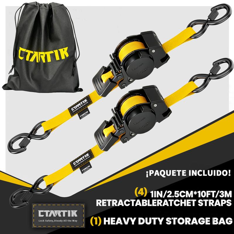 CTARTIK Juego de Correas de Amarre con Trinquete Retráctiles | 2,5cm x 3m | 1.764 lbs Resistencia | Autoajustables | Fijación Segura | Para Moto, Camión y Equipaje |
