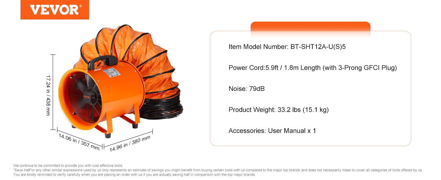 【summerfinds】VEVOR Portable Ventilator, exhaust fan with duct hose for workshop, 12 Inch 585W 3198 CFM Heavy-Duty Cylinder Fan with 16.4 ft Duct Hose for Dust, Smoke, Fumes - Home, Workshop, Garage Use, Portable Blower Blowers, Ventilation Fan Booster