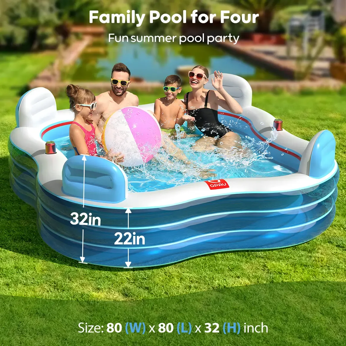 Piscina inflable QPAU, piscina inflable de tamaño completo con asientos y respaldos, piscina infantil para exteriores y jardín, para la diversión familiar en verano, color azul (Jelly Blue).