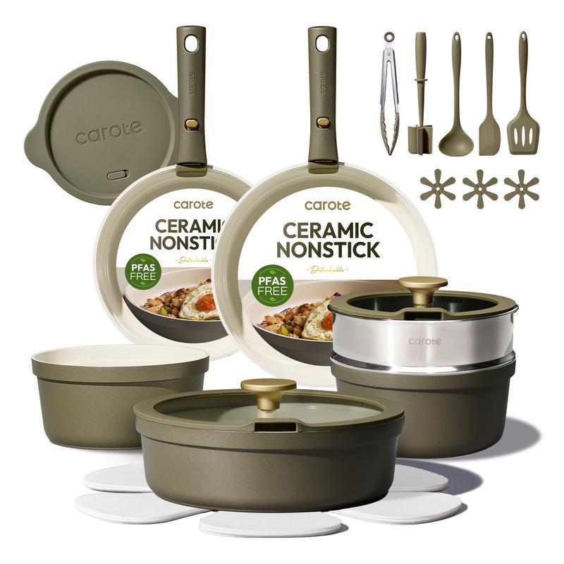Juego de utensilios de cocina de cerámica Carote de 23 piezas en color verde oliva con mangos desmontables; set de ollas y sartenes antiadherentes, ideal para cocinas de autocaravanas.