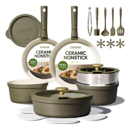 Juego de utensilios de cocina de cerámica Carote de 23 piezas en color verde oliva con mangos desmontables; set de ollas y sartenes antiadherentes, ideal para cocinas de autocaravanas.