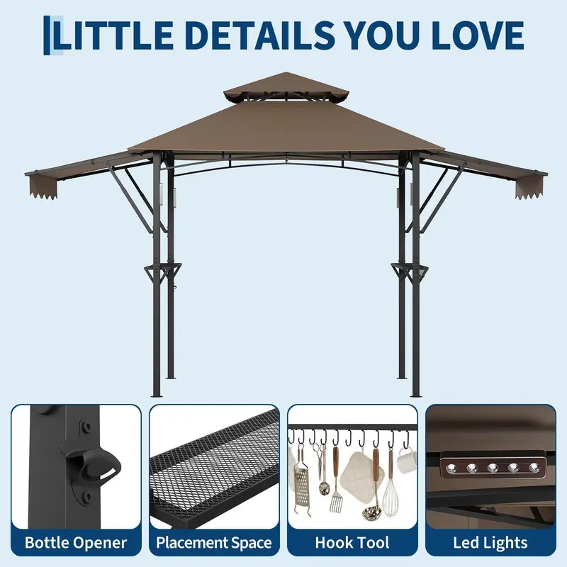 Cenador para barbacoas Gaomon de 8 x 5 pies — Toldo parasol para patio exterior con techo ventilado de doble nivel, toldos laterales dobles ajustables, 2 estantes prácticos, ganchos, gancho para luz de techo, patas reforzadas y estructura de acero resiste