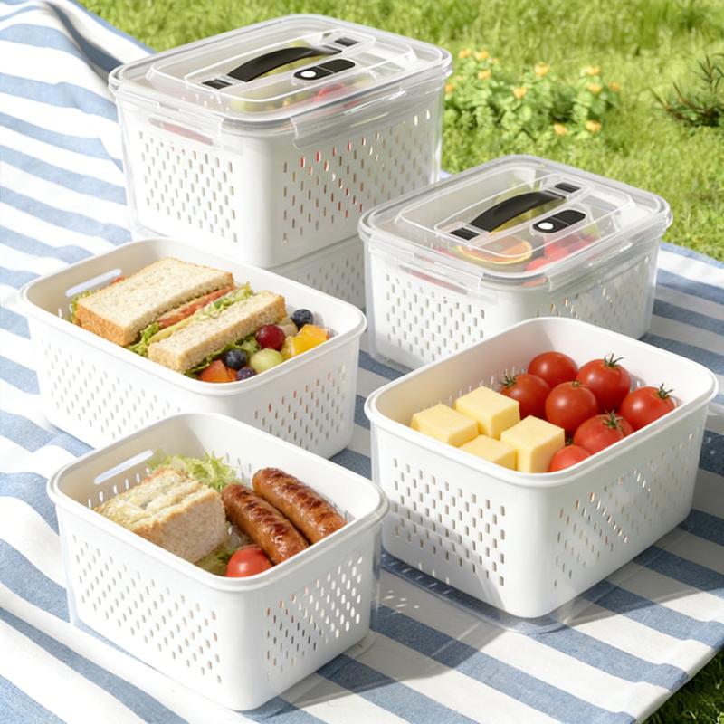 Organizadores de almacenamiento para refrigerador (juego de 3 o 5 piezas): Recipientes apilables de plástico transparente con colador extraíble; herméticos, aptos para lavavajillas y microondas; mantienen frescas por más tiempo las frutas y verduras.