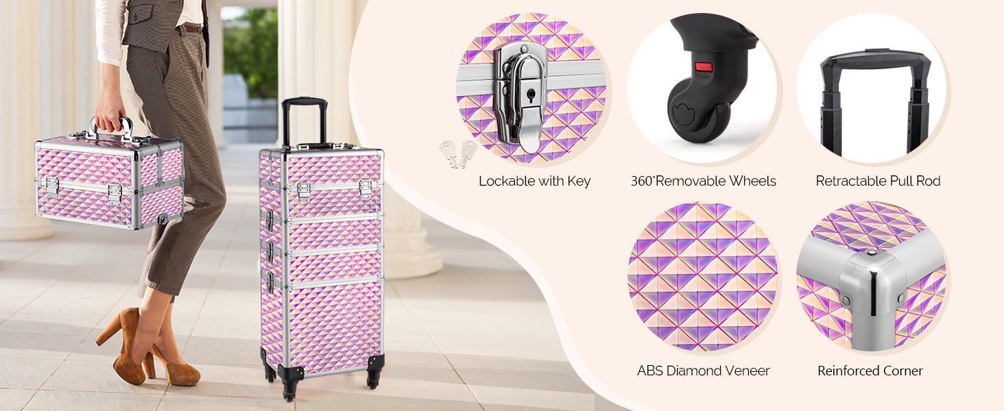 OmySalon 4-in-1 Design Rolling Makeup Train Case - Travel Cosmetic Bag, Lift Handle, 4 Removable Lockable Wheels with Keys, Aluminum Trolley Organizer for Beauty Center Professionals, Ideal Xmas/New Year Gift