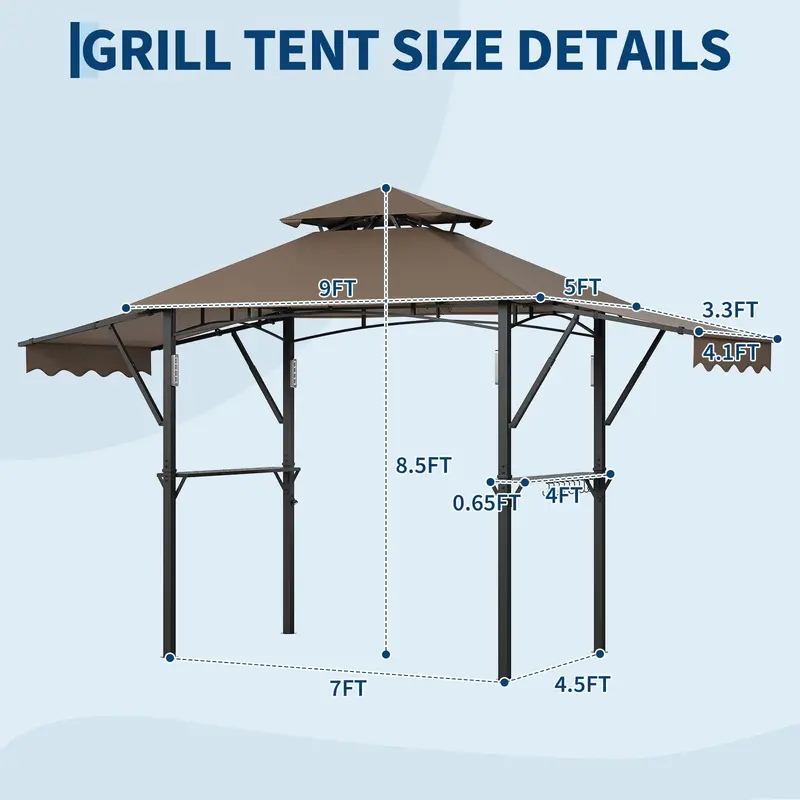 Cenador para barbacoas Gaomon de 8 x 5 pies — Toldo parasol para patio exterior con techo ventilado de doble nivel, toldos laterales dobles ajustables, 2 estantes prácticos, ganchos, gancho para luz de techo, patas reforzadas y estructura de acero resiste